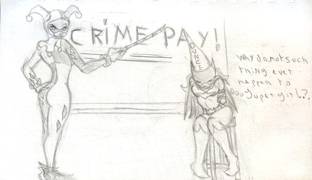 harley quinn lecturing a captive batgirl on how crime pays