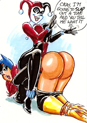 harley quinn spanks batgirl bongo-style by joe gravel